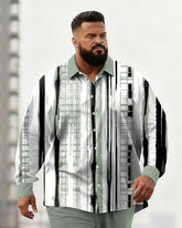 Big & Tall Men's Business Green Striped Print Long Sleeve Shirt Pants Set